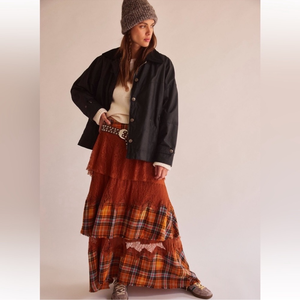 Free People County Fair Western Bohemian Plaid Lace Maxi Skirt